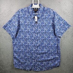 NEW Cremieux Casual Shirt Men 2XT Stretch Abstract Short Sleeve Nylon White Blue